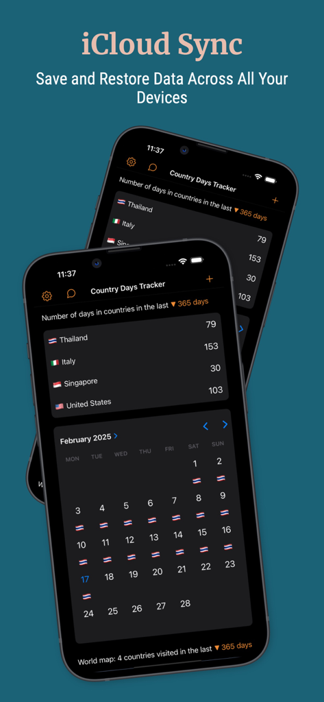 iCloud sync feature for travel data across multiple devices in the Country Days Tracker app