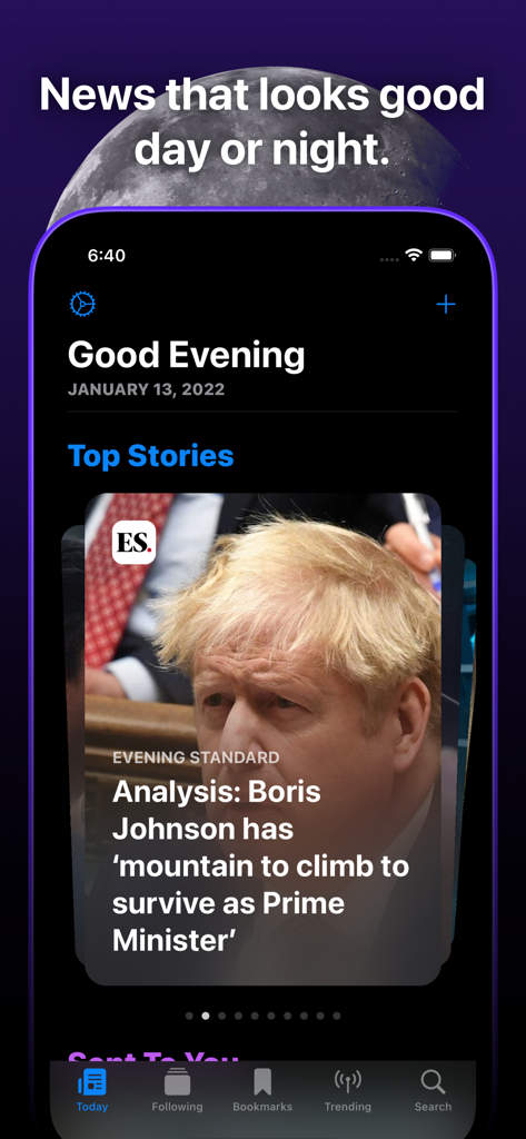 Big News - Smart Reader - 상위 스토리와 뉴스 기사 미리보기를 보여주는 Big News 앱 인터페이스의 다크 모드입니다.