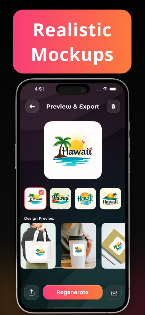 Logo Maker · Ai Flyer Maker - Evolvo app showing a tropical logo design on realistic product mockups like a tote bag and coffee cup.