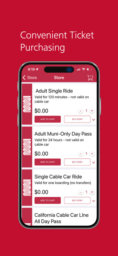 MuniMobile - MuniMobileアプリストア画面：大人用片道乗車券とケーブルカーチケットの購入オプションを表示
