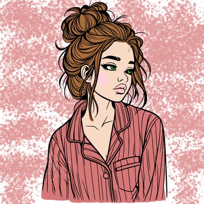 realistic woman with pajamas on and a messy bun