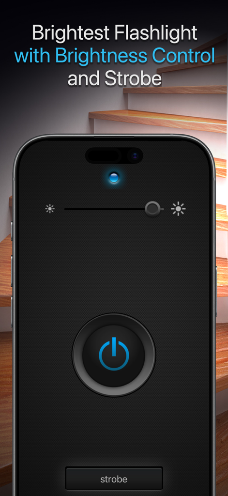 Flashlight ◊ - Interfaz de la aplicación Linterna en iPhone que muestra un control deslizante de brillo, botón estroboscópico e icono de encendido sobre una escalera oscura.