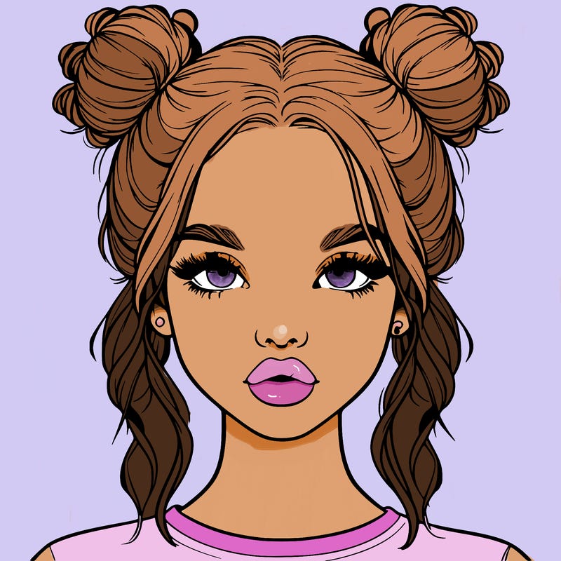 realistic girl with two buns in hair and lips