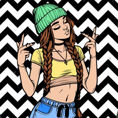 realistic teenage girl with braids and a beanie and crop top doing 🫶🏼