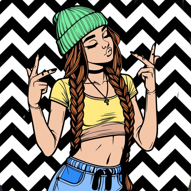 realistic teenage girl with braids and a beanie and crop top doing 🫶🏼