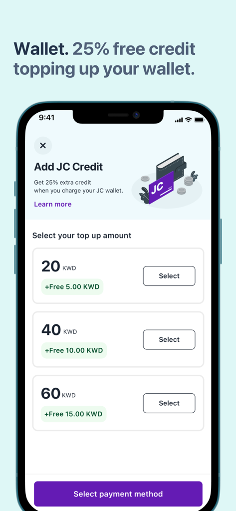 justclean - Smartphone screen displaying the justclean app wallet feature with various credit bundle options offering 25 percent extra credit