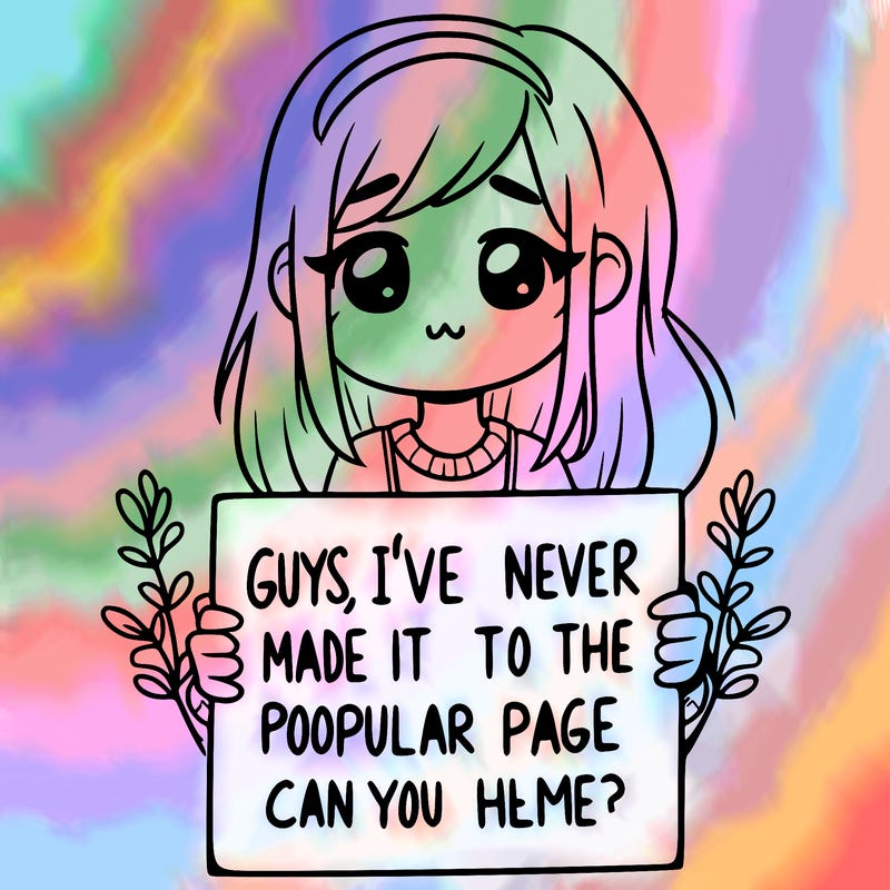 a girl holding up a sign that says, guys, i’ve never made it to the popular page, can you help me?