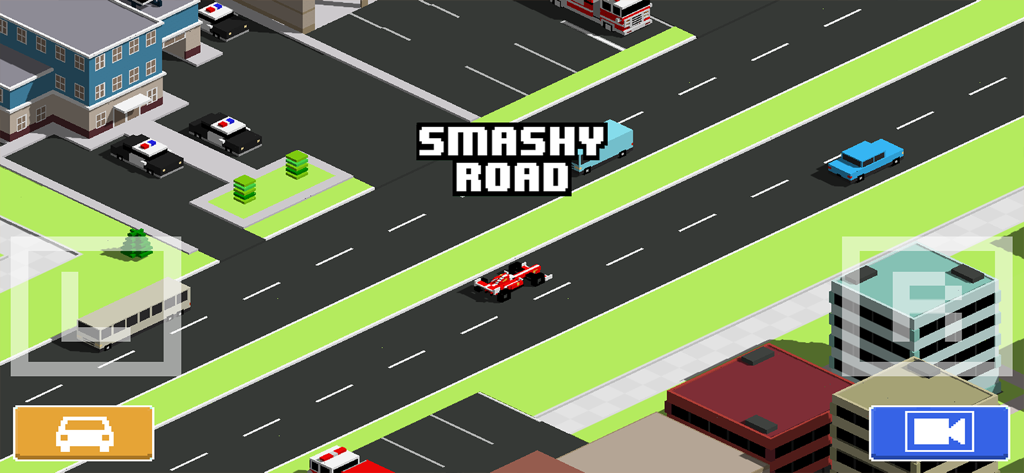 Smashy Road: Wanted - A red race car driving on a road in a voxel style city in the game Smashy Road Wanted