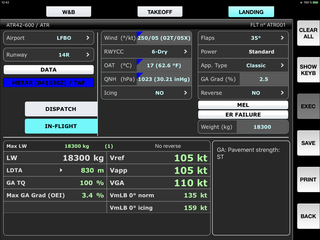 SPS - ATR aircraft performance - SPS app interface showing landing performance calculations for an ATR 42-600 aircraft
