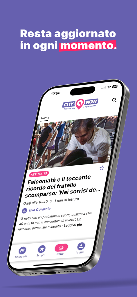 CityNow - iPhone screen showing the CityNow app home feed with local news articles from Reggio Calabria