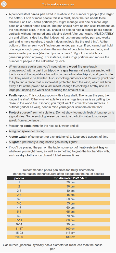 Paella Infalible - A screen from the Paella Infalible app listing necessary tools and a pan size recommendation table for different numbers of people.