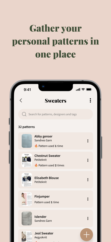 Knitandnote: Knitting App - Mobile app screen showing a collection of knitting patterns for sweaters in the Knitandnote app