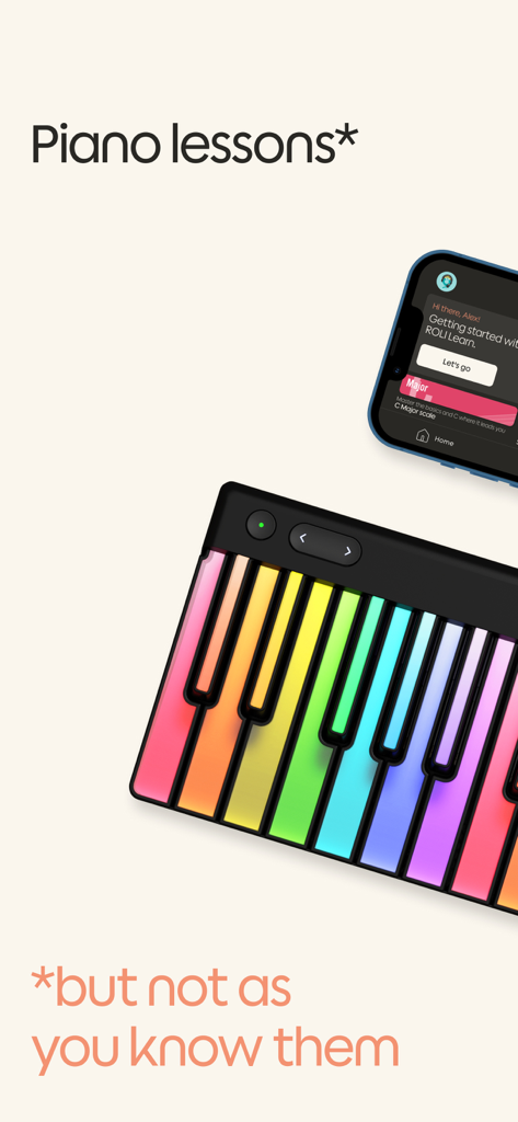 Un smartphone mostrando la aplicación ROLI Learn junto a un teclado luminoso arcoíris para lecciones de piano modernas.