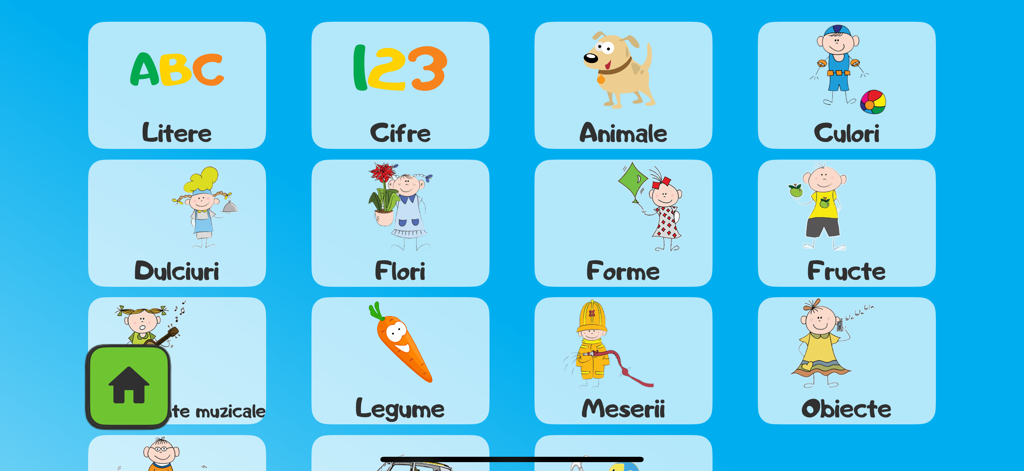 ABC for kids (RO) - Main menu showing learning categories in Romanian for the ABC for kids app