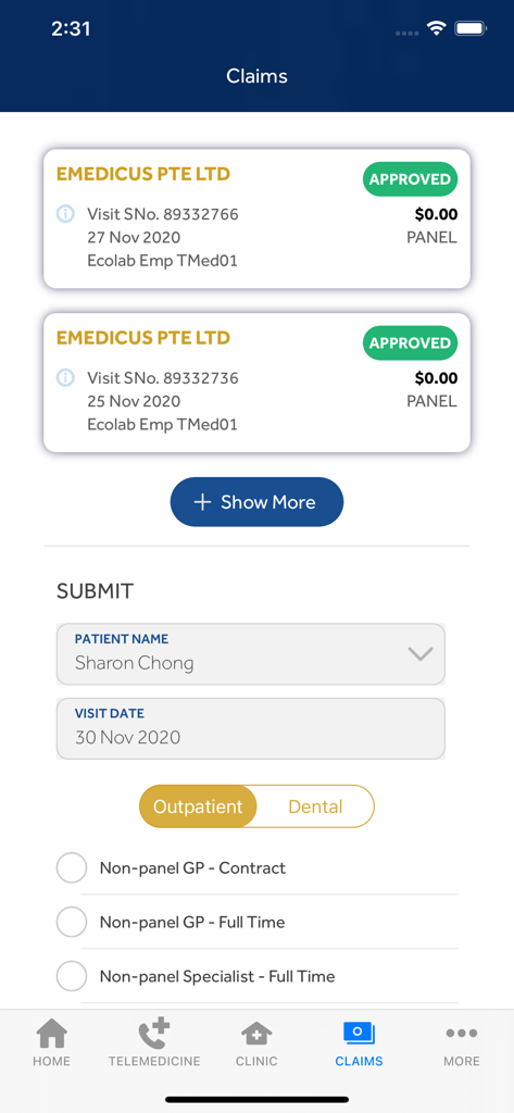 FHN3 - FHN3 app interface for viewing approved healthcare claims and submitting new medical insurance claims