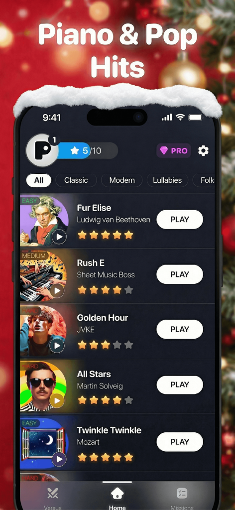 Song selection menu in Piano Pop music game showing classical and pop hits