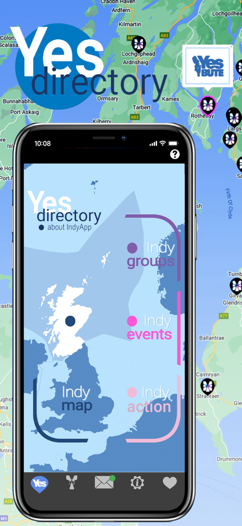 IndyApp for Yes - IndyApp mobile interface showing the Yes Directory screen with options for groups and events over a map of Scotland