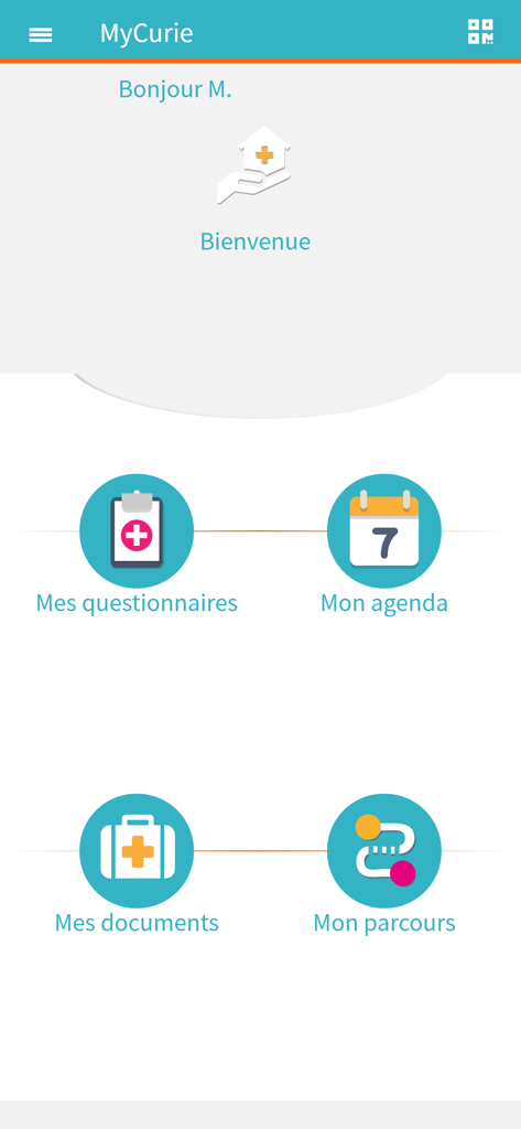 myCurie - The home screen of the myCurie app showing a patient dashboard with links to questionnaires, schedule, documents, and treatment journey.