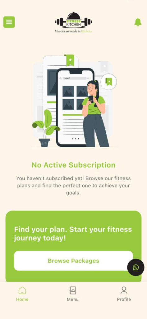 Fitness Kitchen App - Home screen of the Fitness Kitchen app showing a prompt to browse meal packages and start a fitness journey.