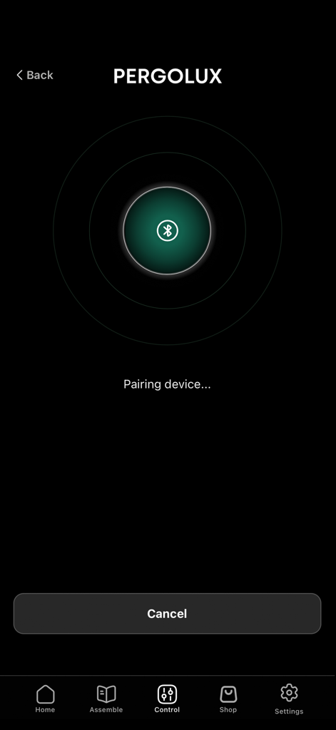 Pergolux - Pergolux app interface showing the Bluetooth pairing screen for smart pergola control