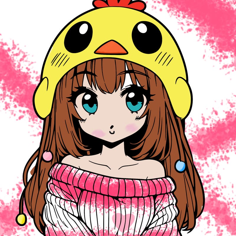 anime girl with chick shaped hat with sweater with bare shoulders with bangs covering them one eye with low tail