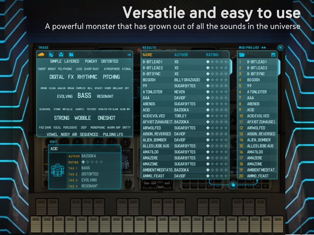 Cyclop for iPad preset browser interface showing sound categories and a list of patches