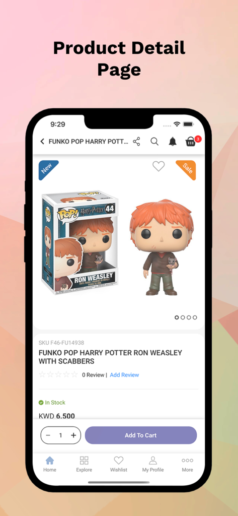 Product detail page of Fantasy World Toys app featuring a Ron Weasley Funko Pop figurine
