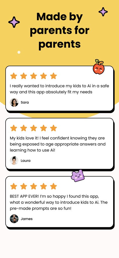 Five star parent reviews for the Zoe safe AI chat bot for kids app