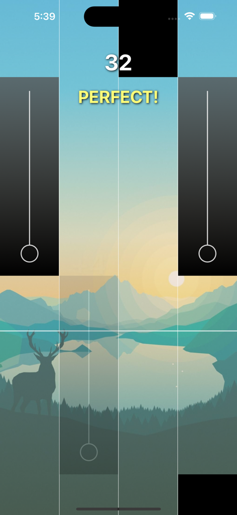 Music Tiles 9 - Schermata di gioco di Music Tiles 9 con tessere di pianoforte nere che cadono su uno sfondo sereno di paesaggio montano con indicatore di punteggio perfetto