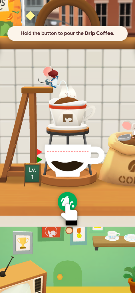 Tiny Cafe - A tiny mouse barista pouring water to make drip coffee in the Tiny Cafe mobile game