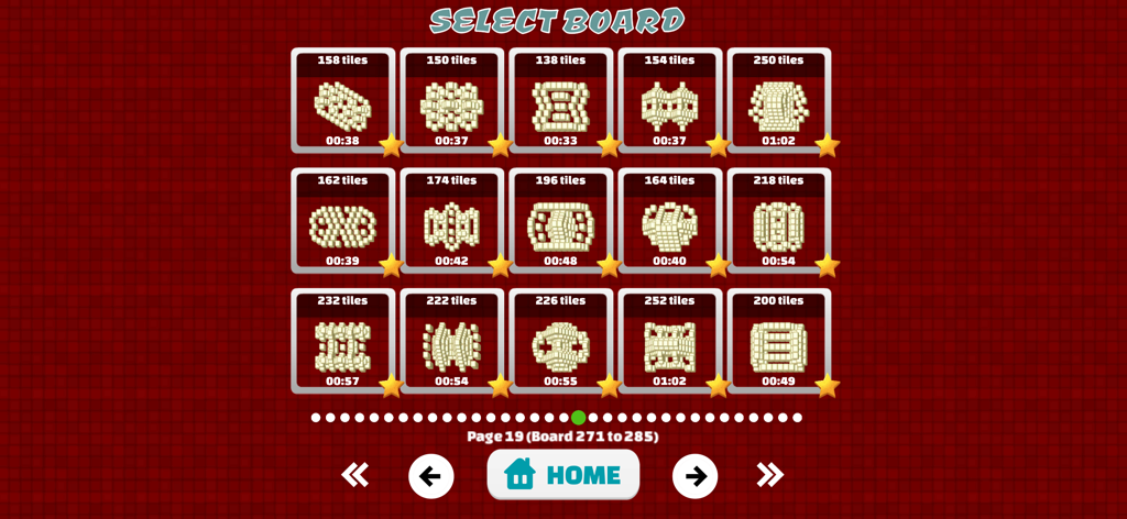 Mahjong Joy - Solitaire Tiles - A selection screen in Mahjong Joy displaying various tile layouts and board configurations