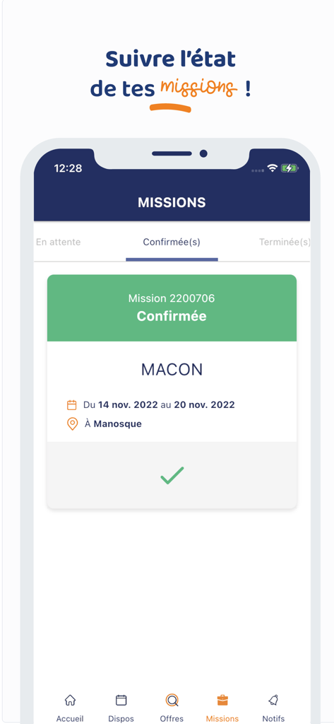 myPROMAN Intérimaires - Smartphone screen of myPROMAN app displaying a confirmed work mission in Manosque