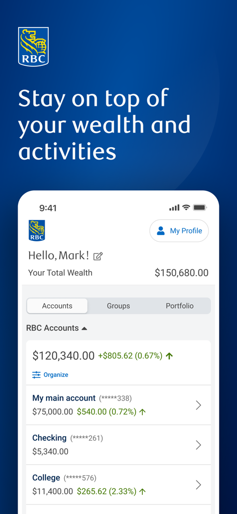 Interface do aplicativo móvel RBC Connect mostrando resumo total do patrimônio e saldos de contas individuais