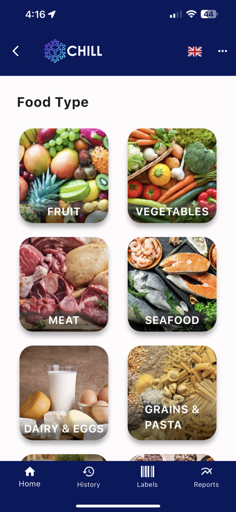 Chill app food type selection screen with fruit meat and dairy categories