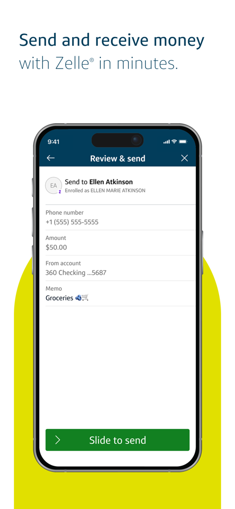 Capital One Mobile app screen showing a Zelle money transfer review with a slide to send button