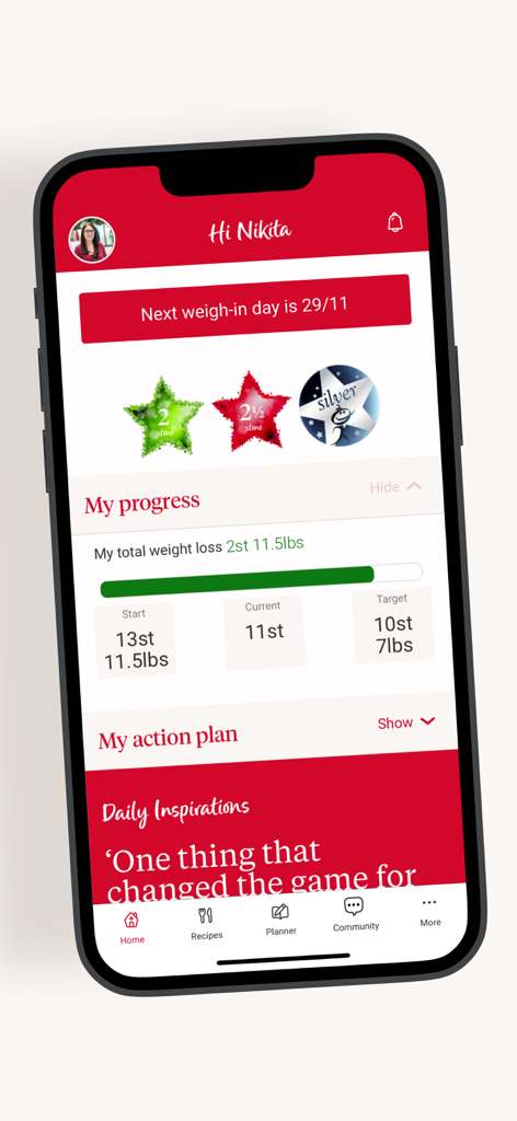 Slimming World - Slimming World app dashboard displaying weight loss progress milestones and achievement stars