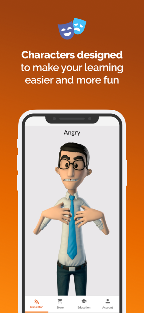 Hand Talk: ASL Sign Language - Hand Talk app showing a 3D avatar named Hugo signing the word angry in ASL