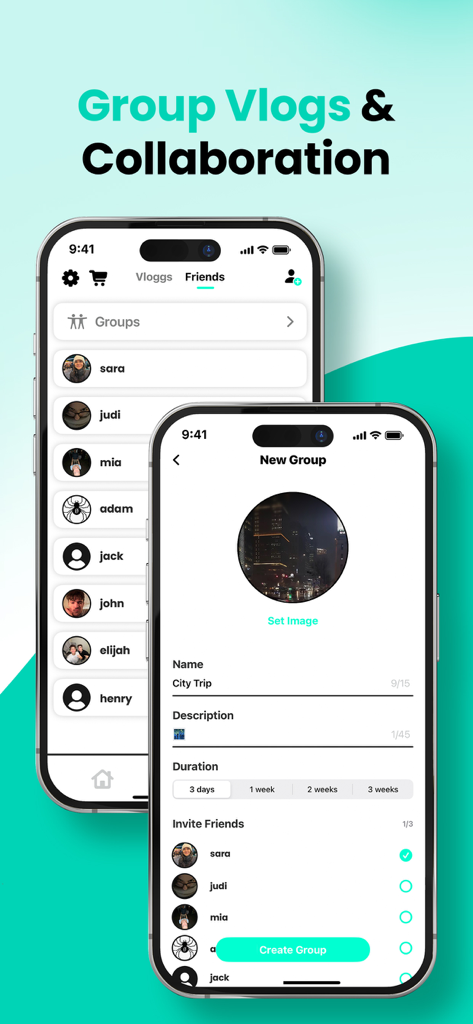 새로운 그룹 브이로그를 만들고 친구를 초대하는 방법을 보여주는 Vloggr 모바일 앱 인터페이스