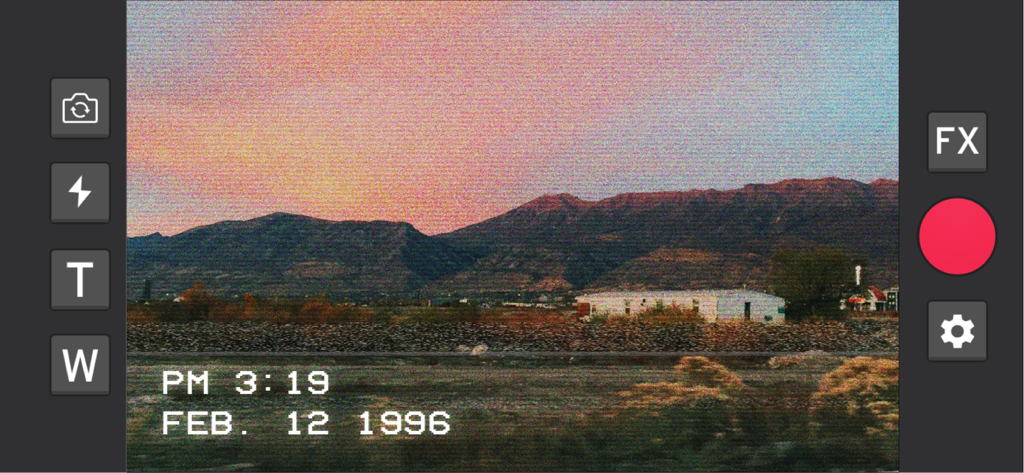 VHS camera interface with a retro date stamp and grainy video effect