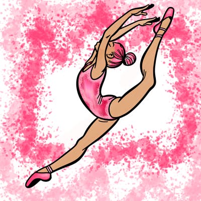 gymnast doing a leap in a leotard with a bent back leg