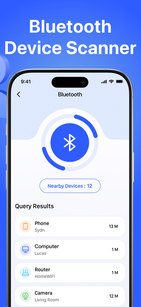 電話やコンピュータなどの近くの検出されたデバイスのリストを表示するBluetoothデバイススキャナー機能のインターフェース。