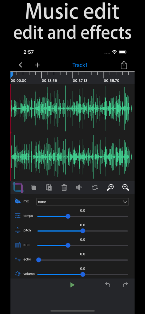 Remove Vocals-vocal extractor - Vocal extractor app interface for music editing with audio waveforms and effect sliders