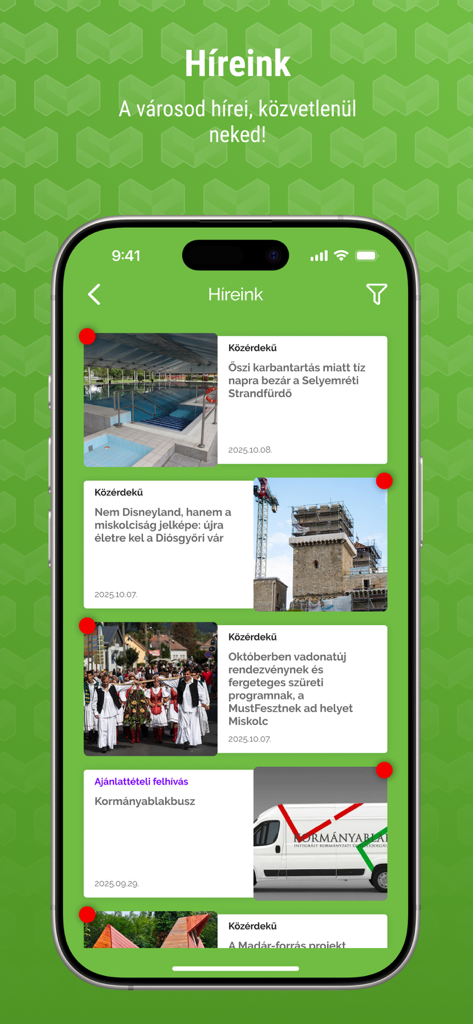 MiMi - A mobile screen showing the local news feed of the MiMi Miskolc application with various community updates.