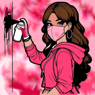 realistic girl with mask spray painting a wall