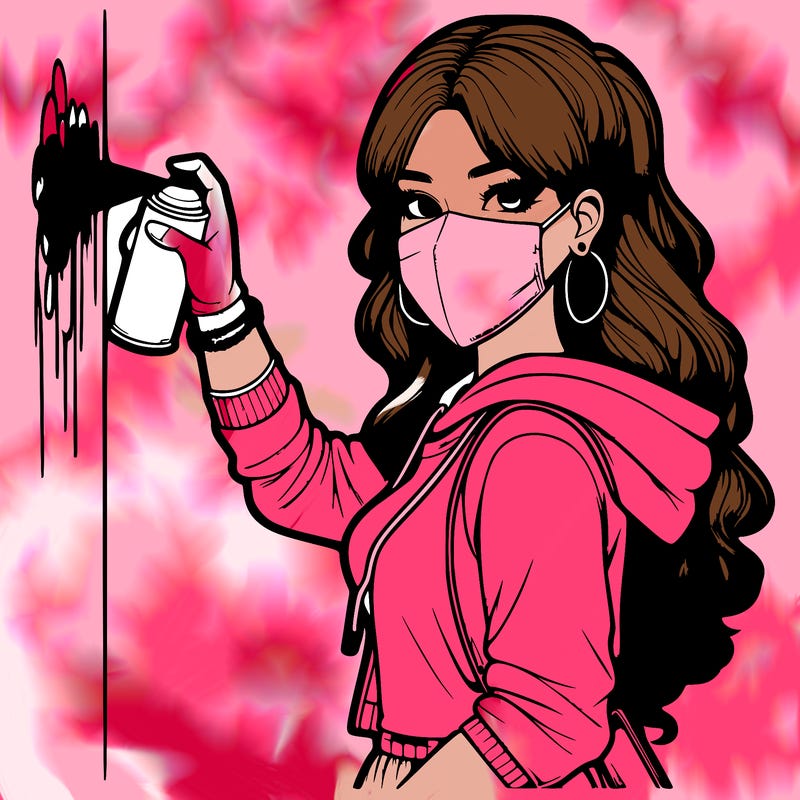 realistic girl with mask spray painting a wall