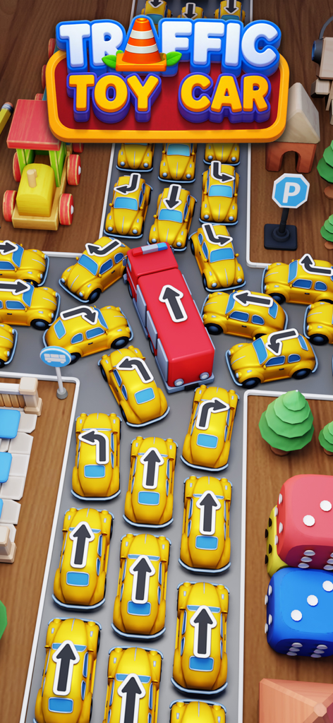 Toy Car: Traffic Jam - Top down view of yellow toy cars and a red bus in a traffic jam puzzle game
