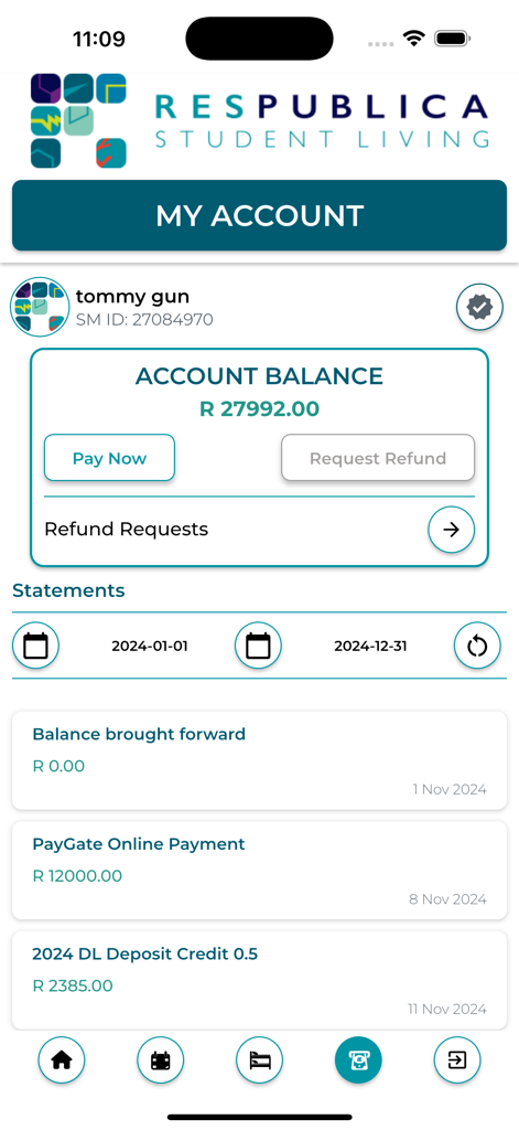 Respublica - Respublica app My Account screen showing student accommodation balance and transaction history