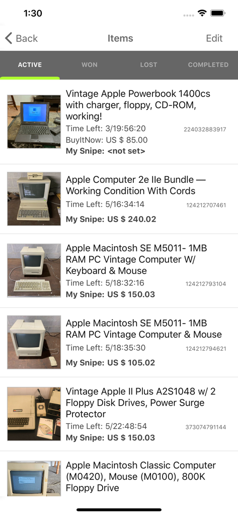 Lista de subastas activas de eBay para ordenadores Apple vintage en la aplicación Myibidder
