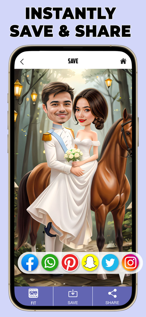 Photo To Caricature Maker - カップルの似顔絵とソーシャルメディア共有オプションを示すPhoto to Caricature Makerアプリのインターフェース