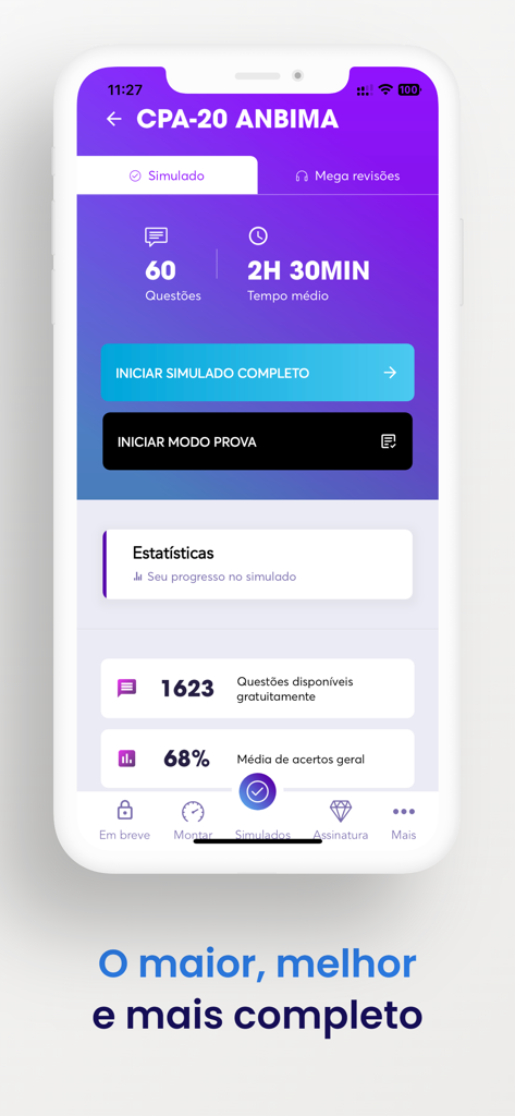 Simulados Topinvest - Tela do aplicativo Simulados Topinvest para preparação para o exame CPA-20 ANBIMA com os modos simulado e prova